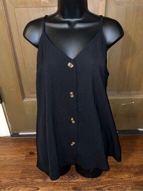 Black Button Front Casual Spaghetti Strap Boho Relaxed Fit Tank Top Size L